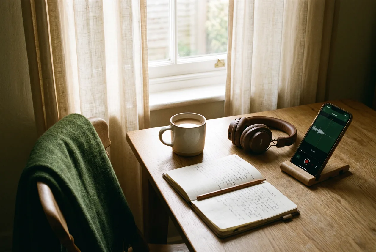 A phone on a stand recording speech, beside headphones, a notebook of English phrases and a cup of tea at a sunlit window