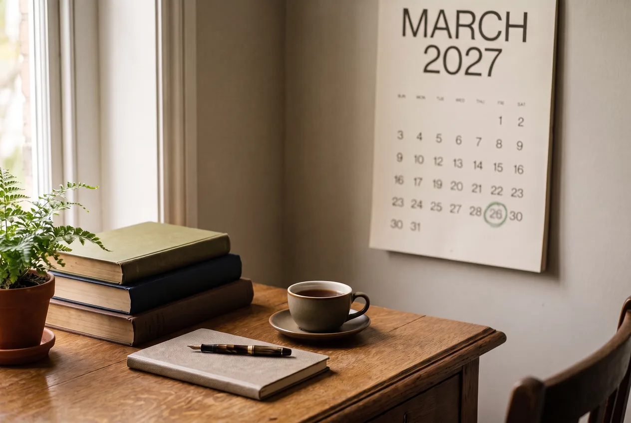 A wall calendar open at March 2027 with the 26th circled in green, above a desk with a stack of study books