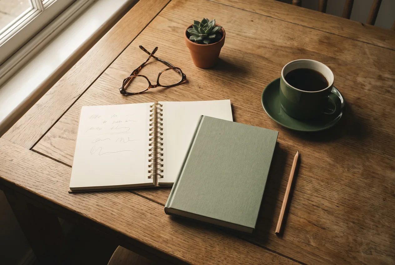 An open notebook, a study guide, reading glasses and a green mug of tea laid out on a wooden table