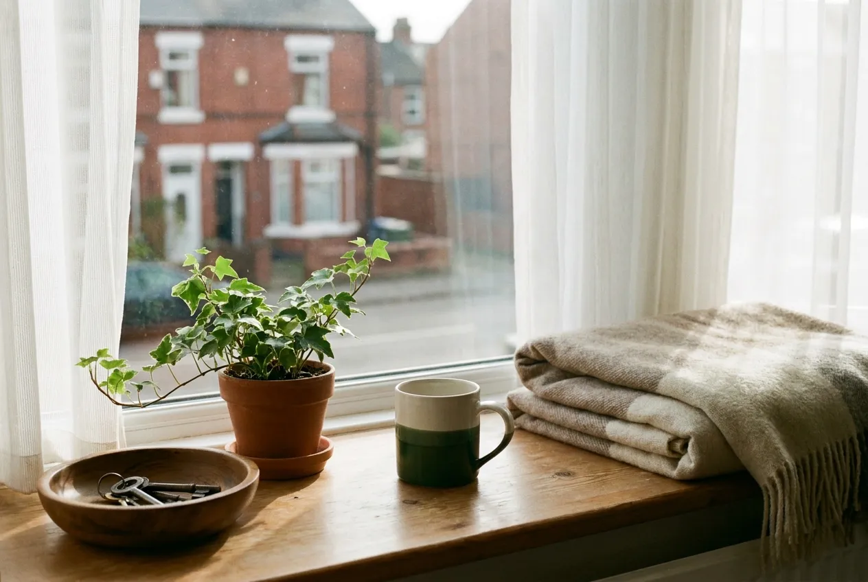 A sunlit windowsill of a British home: a plant, a mug, keys in a bowl, a red-brick street outside